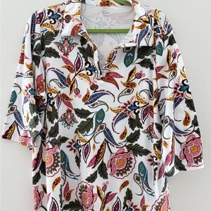 Kim Rogers White Paisley Polo Top with Pink, Blue, Green and Mustard Accents